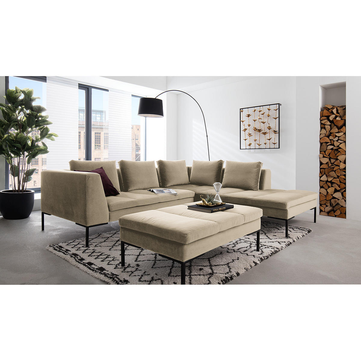 ECKSOFA mit Ottomane - Beige/Schwarz, Textil/Metall (255/230cm) - home24