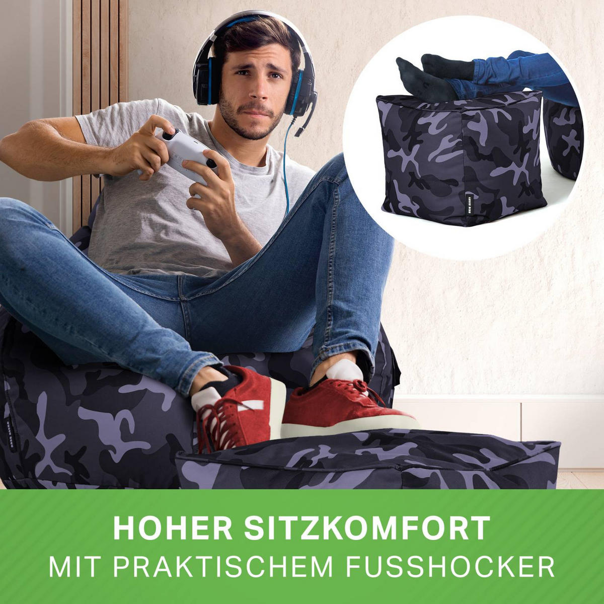 SITZSACK + Hocker "Cozy+Cube" 2er Set - Multicolor, Textil (70/90/80cm) - Green Bean