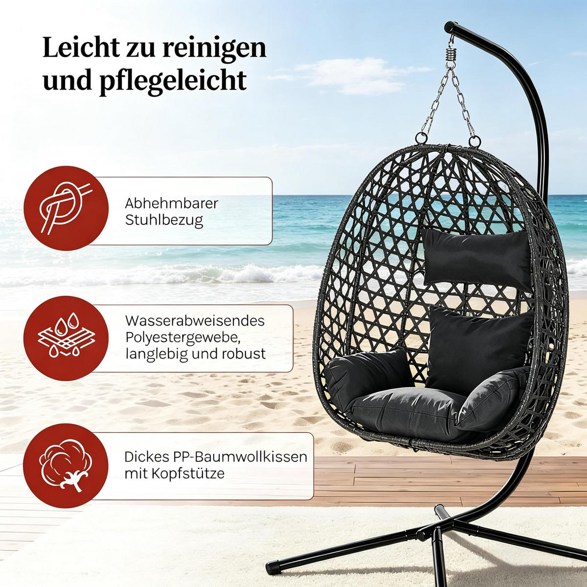 HÄNGESESSEL PE-Rattan höhenverstellbar, DE-42142, Anthrazit - Anthrazit, Metall (105/195/105cm) - ComfortXL