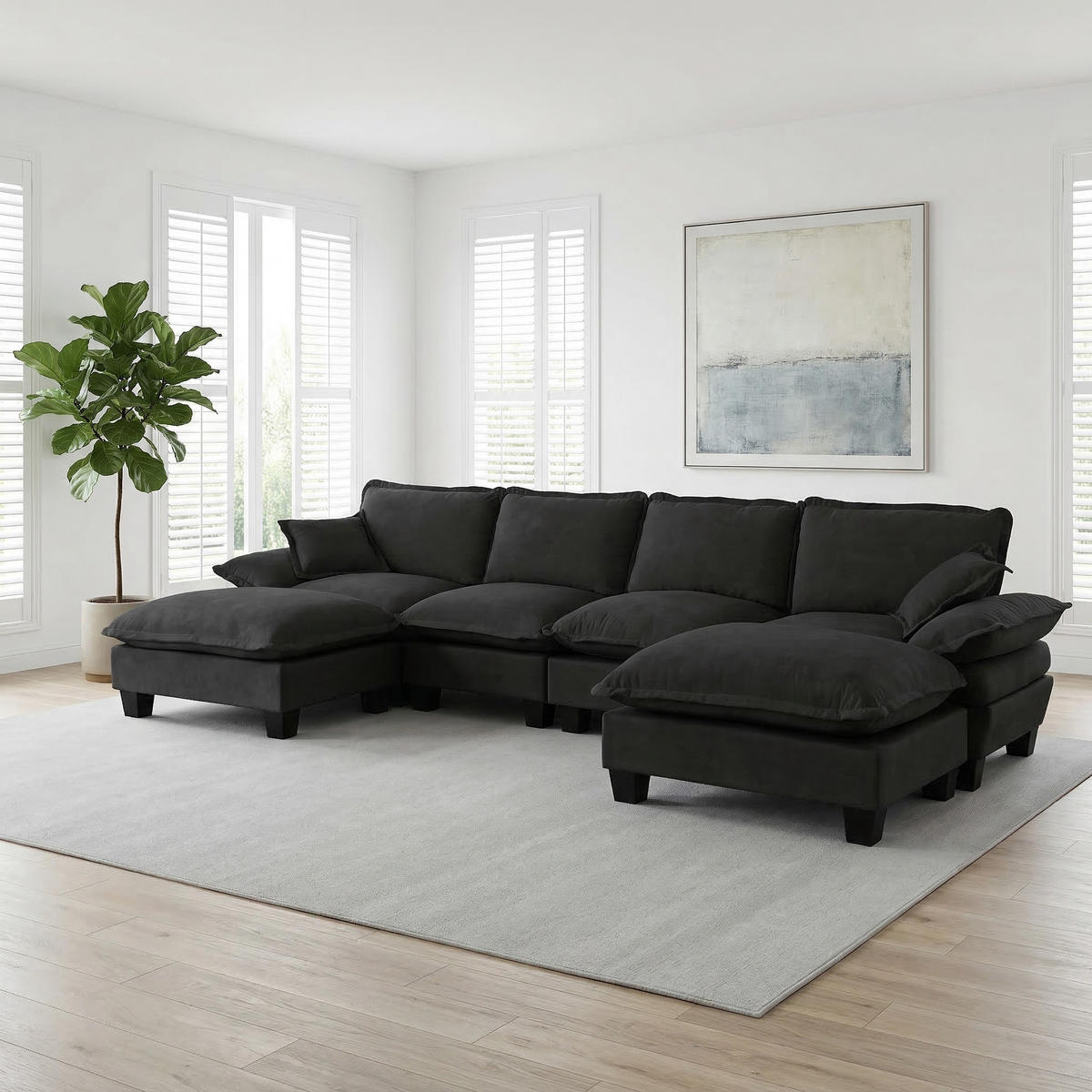 WOHNLANDSCHAFT Schwarz 332/151/90 cm 6-Sitzer Modular mit Hocker - Schwarz, Textil (332/90/151cm) - PANGIVO