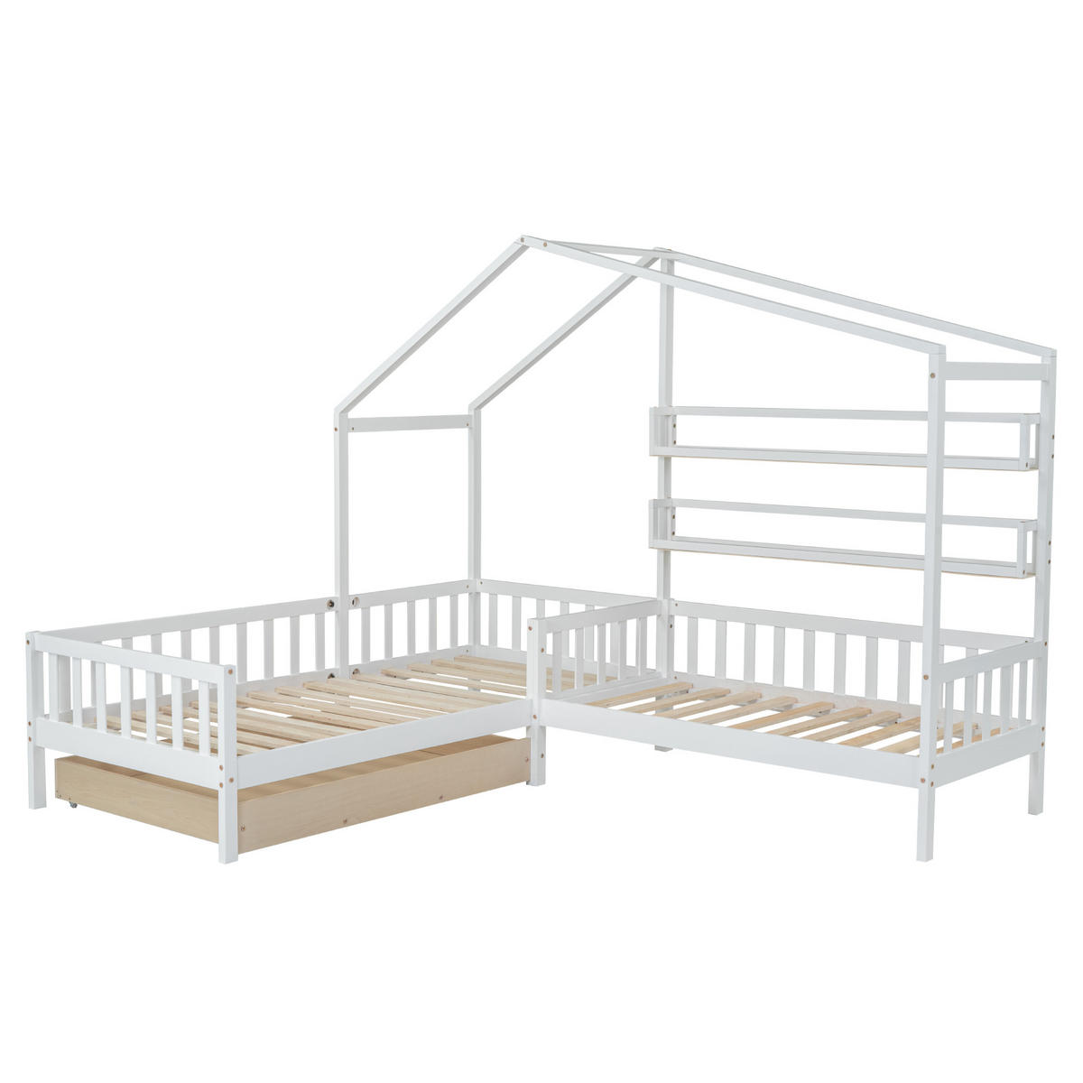 HAUSBETT 90x200 cm, mit Tisch, Kleiderschrank, Schutzgitter & 4-stufiger Leiter, Holz, weiß - Weiß, Holz (94/200cm)
