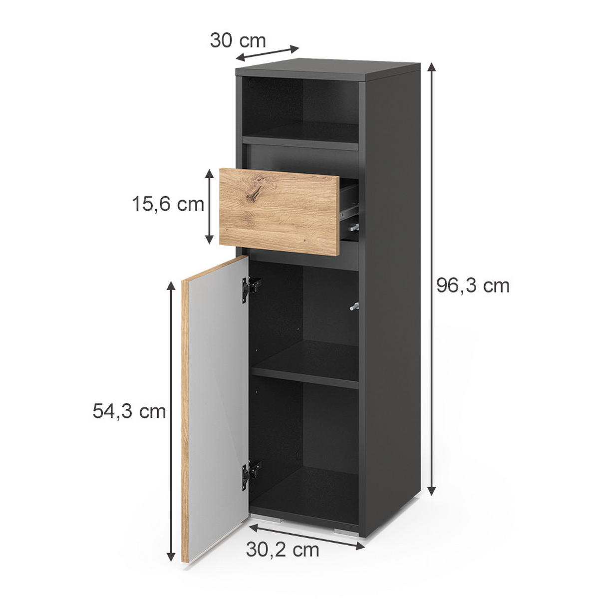 MIDISCHRANK Majest Anthrazit/Artisan 30.2 x 96.3 cm mit Schublade und Tür - Anthrazit/Hellgrau, Holzwerkstoff (30.2/96.3/30cm) - Vicco