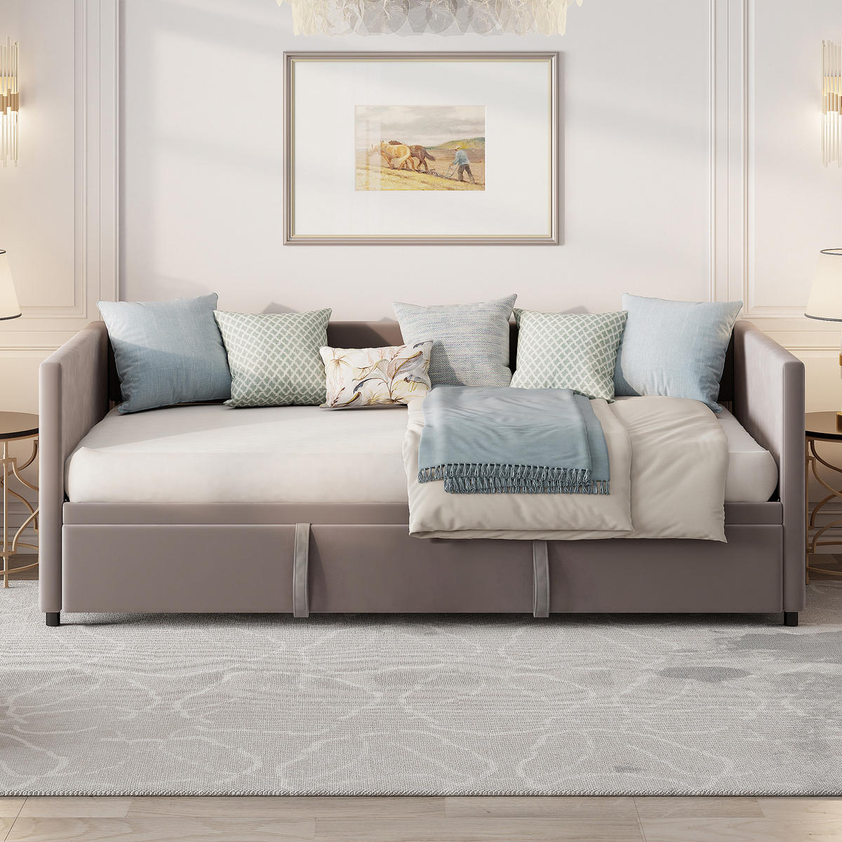 SCHLAFSOFA Samt grau ausziehbar mit Gästebett Funktion 3-fach umwandelbar Tagesbett mit Rollen - Grau, Metall (183/74/213cm) - Joyfair