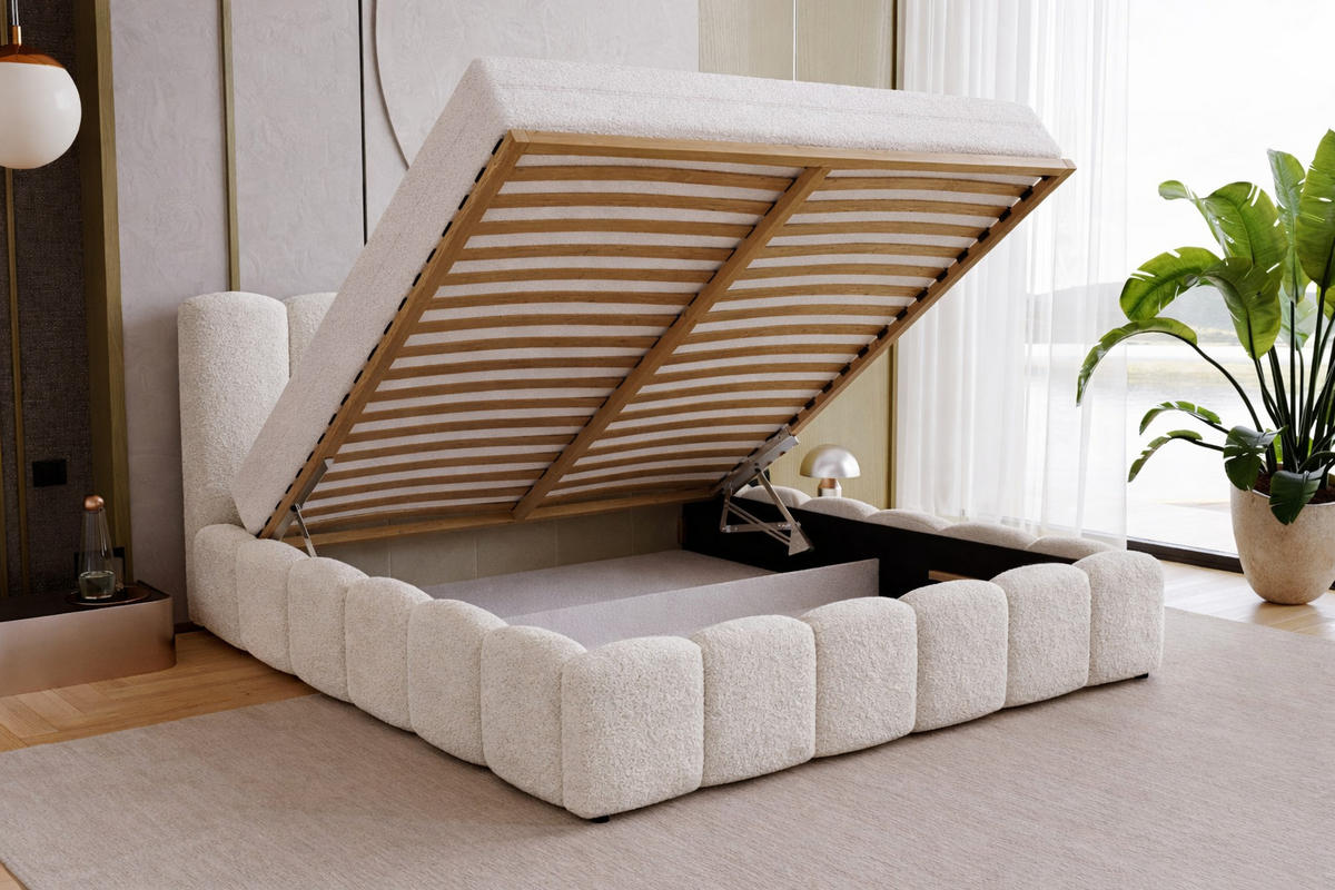 DOPPELBETT 180x200 Florent, Bettkasten, Boucle, Creme - Creme, Holz/Textil (180/200cm) - Emporius