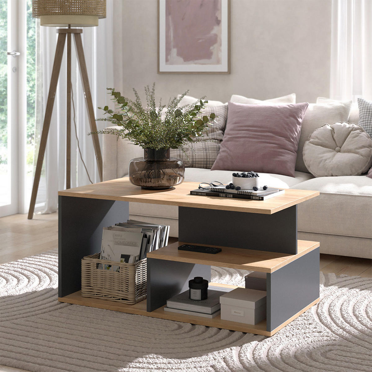 COUCHTISCH Hasso Goldkraft Eiche/Anthrazit 90 x 49.4 cm - Anthrazit/Eiche Wotan, Holzwerkstoff (49.4/90/43.8cm) - Vicco