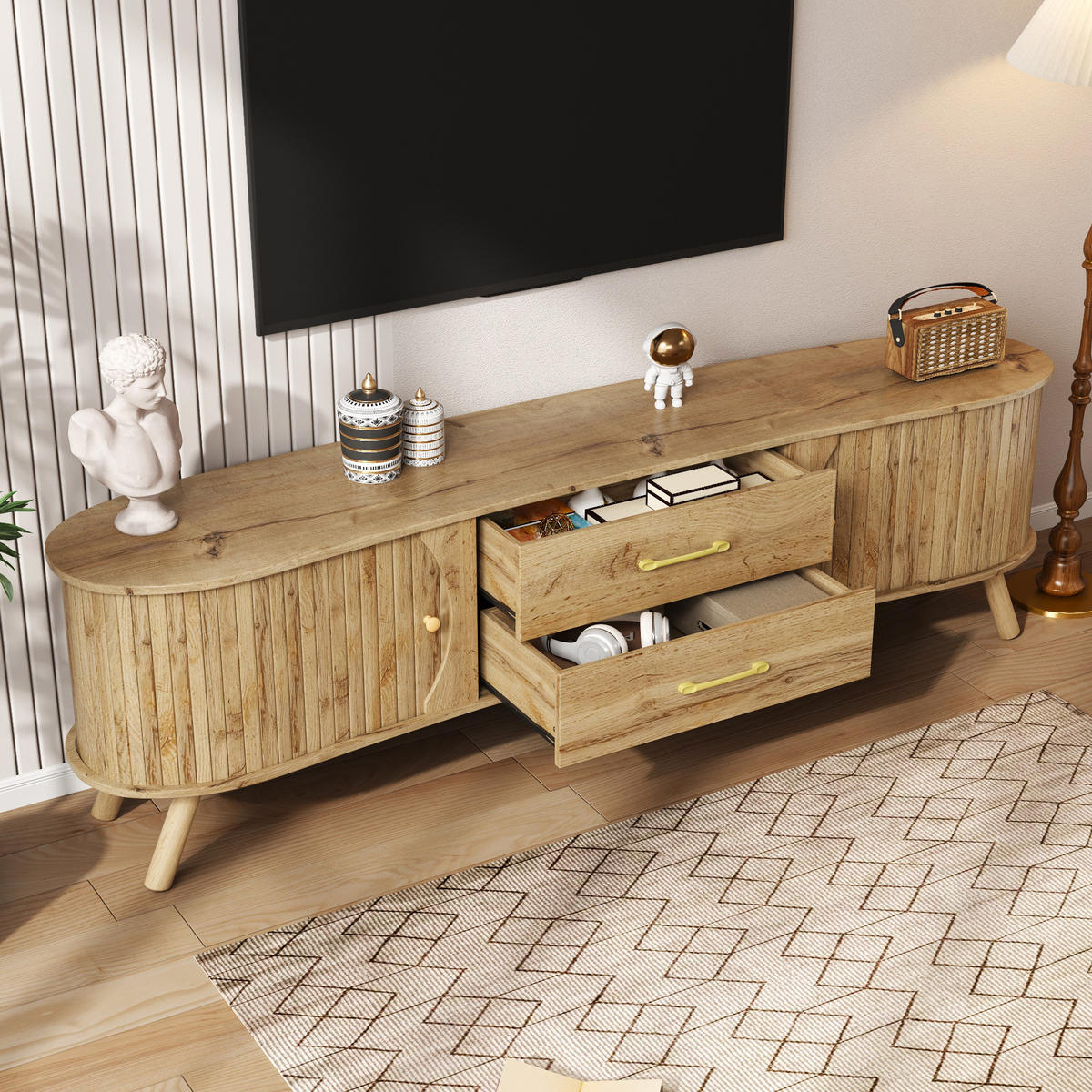 TV-LOWBOARD organisch Rillenoptik 2 Türen 2 Schubladen - Naturfarben, Holz (160/55/36.5cm) - Fortuna Lai