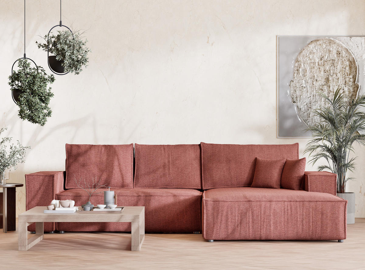 ECKSOFA Maze Korallenfarbe Webstoff - Rechts Seite - Koralle/Schwarz, Holz/Holzwerkstoff (294/185cm) - Maison de Reve