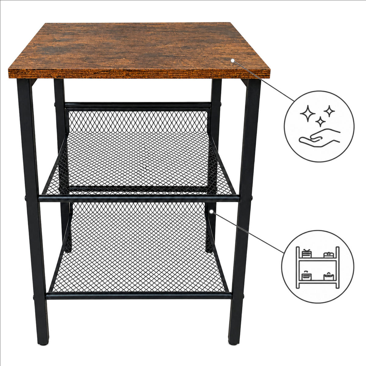 BEISTELLTISCH Metall MDF Schwarz Dunkelbraun mit 2 Metallgitterablagen 40x40x55 cm - Dunkelbraun/Schwarz, Holzwerkstoff/Metall (40/40/55cm) - Begryf