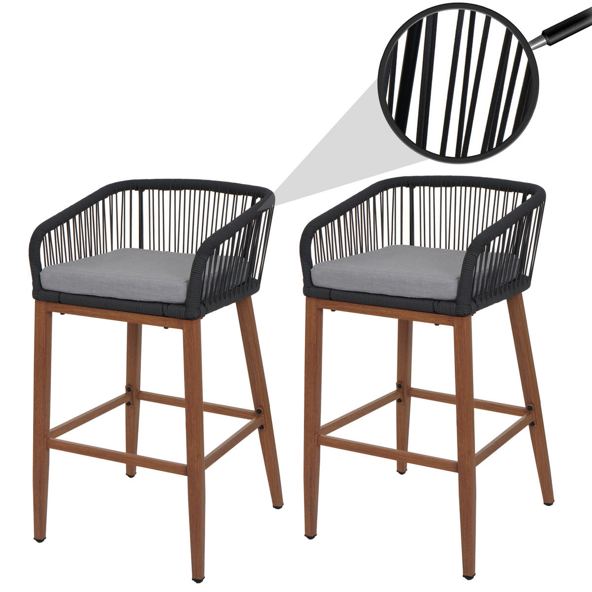 GARTENSTUHL 2er-Set HxBxT 92x51x53cm Sitzhöhe 76cm Anthrazit Kissen Hellgrau Seilgeflecht Metall Holz-Optik - Anthrazit, Metall (51/92/53cm) - PROREGAL
