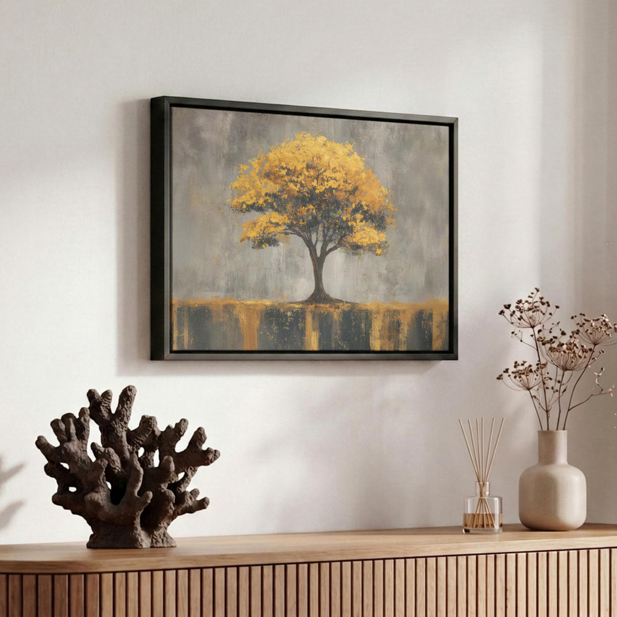 LEINWAND Bilder mit Rahmen - Baum - Blätter - Gold - Abstrakt - 30x20 - Grau, Textil (30/20cm) - MuchoWow