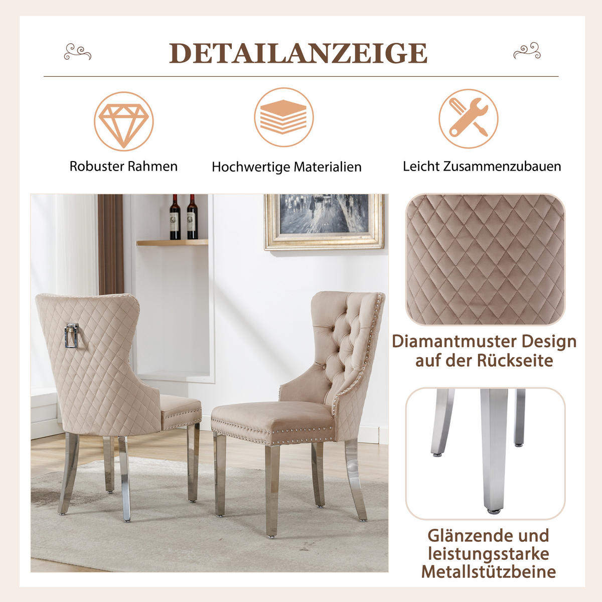 ESSZIMMERSTUHL 2er-Set mit Samtpolsterung, Massivholz-Metall-Gestell und Pin-Kopf Dekoration im modernen Design, beige - Beige, Textil (62.5/94.5/53cm) - Luhomfu