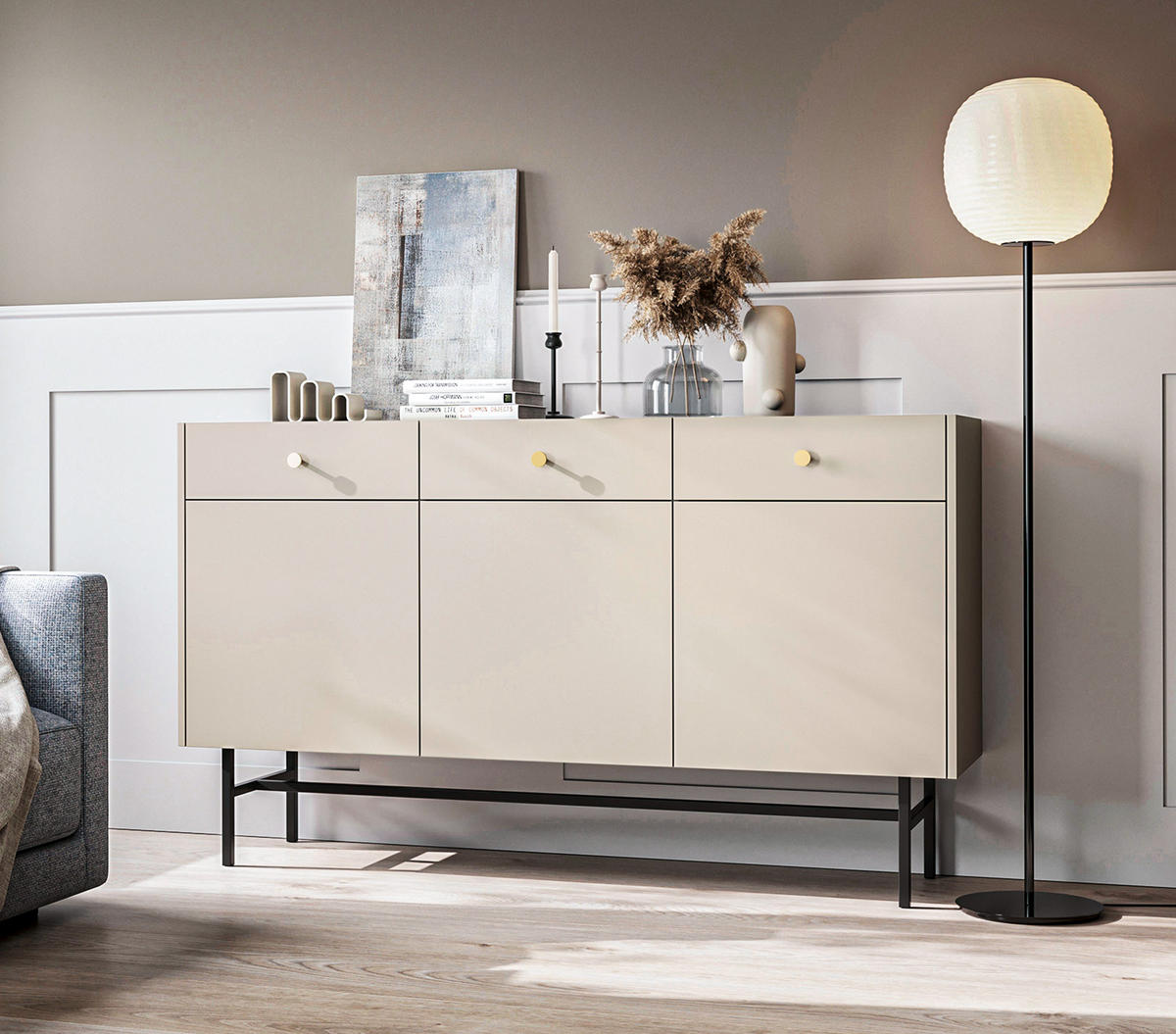 SIDEBOARD Dinley 3T 3S Beige 155/89,4/39 cm – mit schwarzen Beinen im minimalistischen Design - Beige/Schwarz, Holzwerkstoff/Metall (155/89.4/39cm) - AX Living