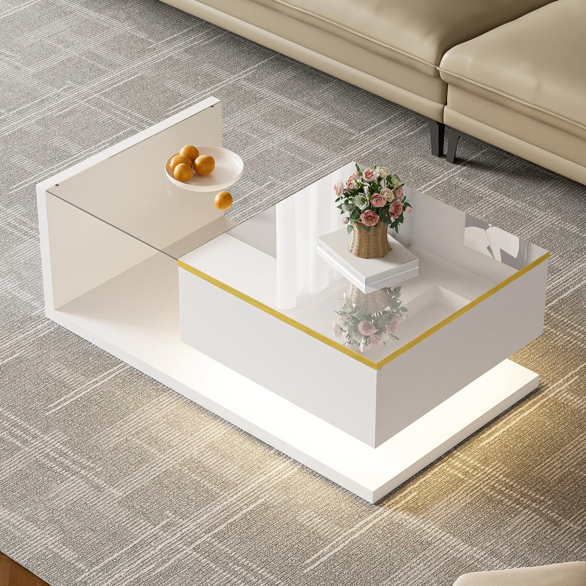 COUCHTISCH aus Spanplatte 90x50x32,5 cm in Weiß mit LED-Beleuchtung - Weiß, Holzwerkstoff (90/50/32.5cm) - Modfu