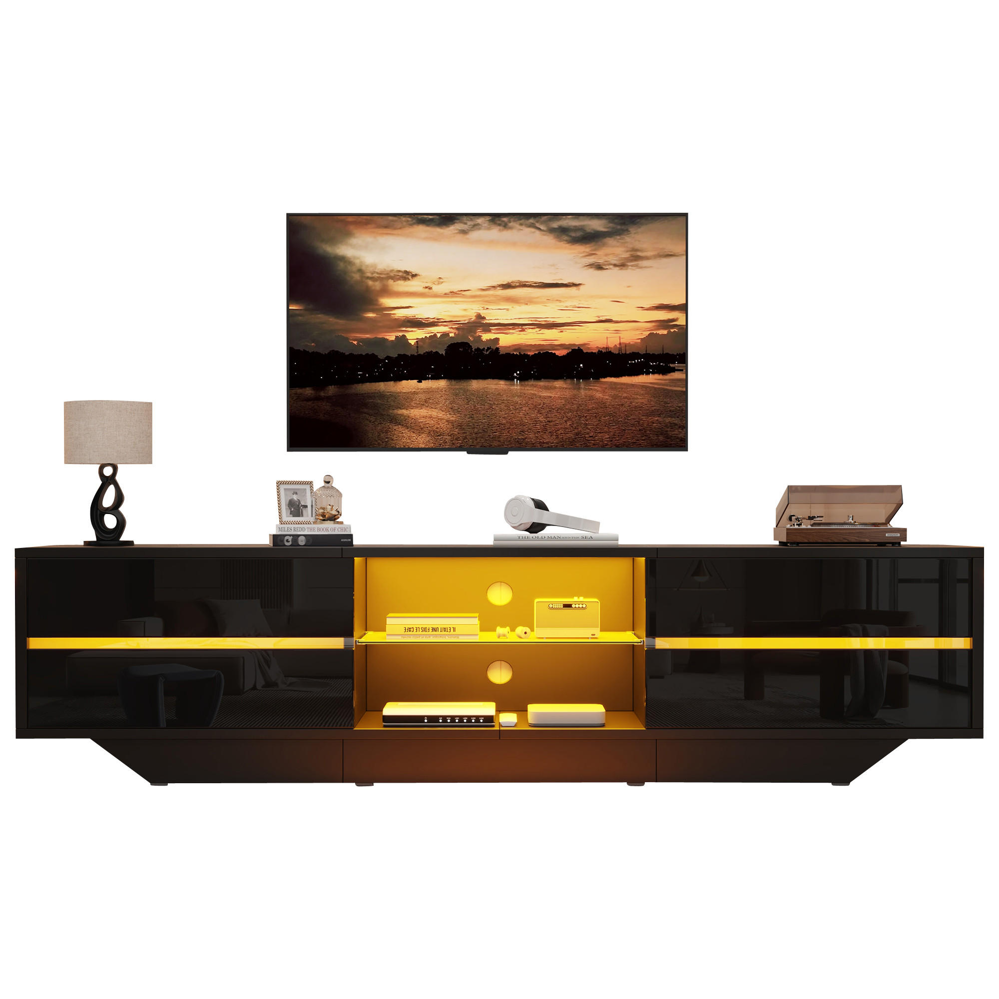 TV-LOWBOARD 160x35x44.5cm Schwarz mit LED und 2 Türen - Schwarz, Holzwerkstoff (160/44.5/35cm) - FLIEKS