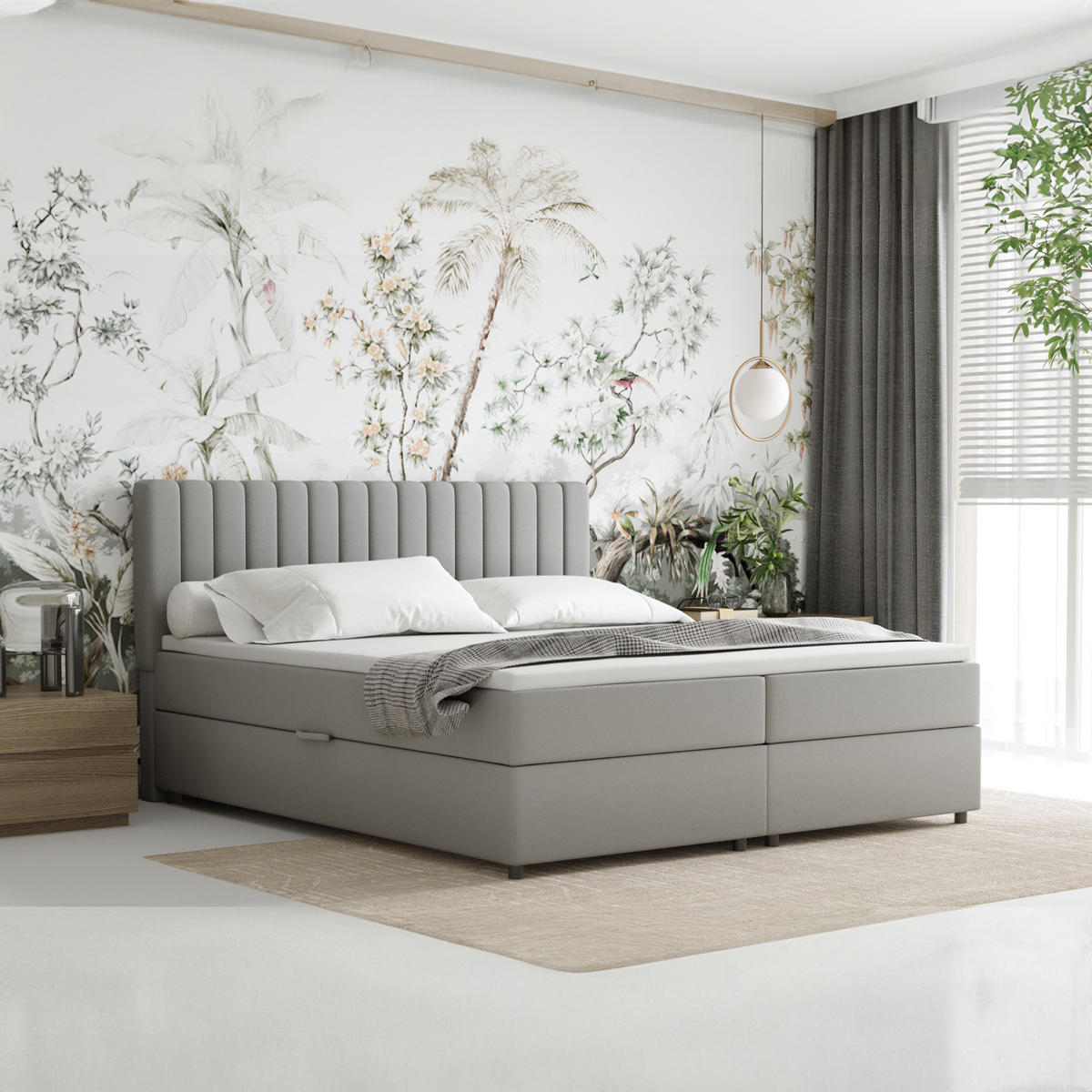 BOXBETT Everest grau 180 x 200 cm Doppelbett mit hochwertiger Bonell-Matratze und Topper - Hellgrau, Holz (180/200cm) - Panda Möbel