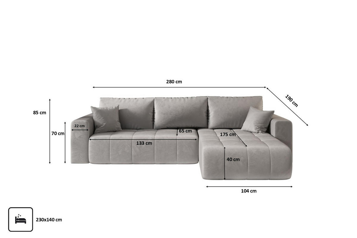 ECKSOFA mit schlaffunktion und bettkasten MILO, stoff MONOLITH, Hellgrau, Rechts - Hellgrau, Holz (280/190cm) - Kaiser Möbel