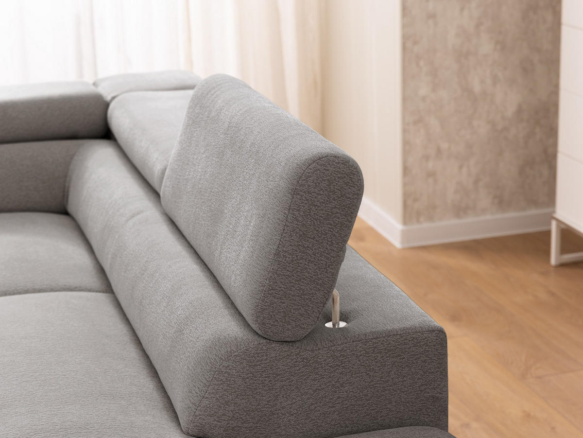 ECKSOFA mit Schlaffunktion und Bettkasten Bonnie aus Hellgrau Chenille-Stoff mit verstellbaren Kopfstützen und Armlehne - Ottomane rechts - Hellgrau/Schwarz, Holz/Textil (275/210cm) - S-Style Möbel