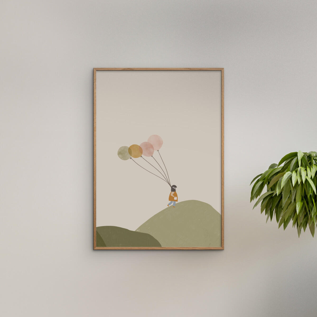 POSTER mit Rahmen Menina Lisboa - Girl and Her Balloons - Eichefarben/Multicolor, Holz/Papier (70/100cm) - Poster&Frame