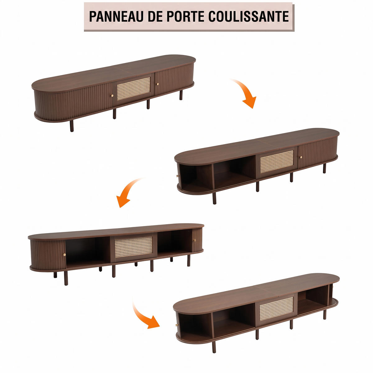 TV-LOWBOARD ovaler mit 1 Schublade und 2 Türen, Rattan-Design, MDF, dunkle Walnussfarbe - Braun, Holz/Metall (40/40/180cm) - GENKI LIVING