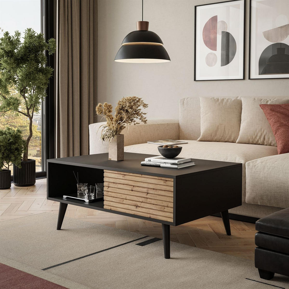 COUCHTISCH CONE mit Schubladen L104 - Eichefarben/Schwarz, Holzwerkstoff (68/104/46cm) - Lookway