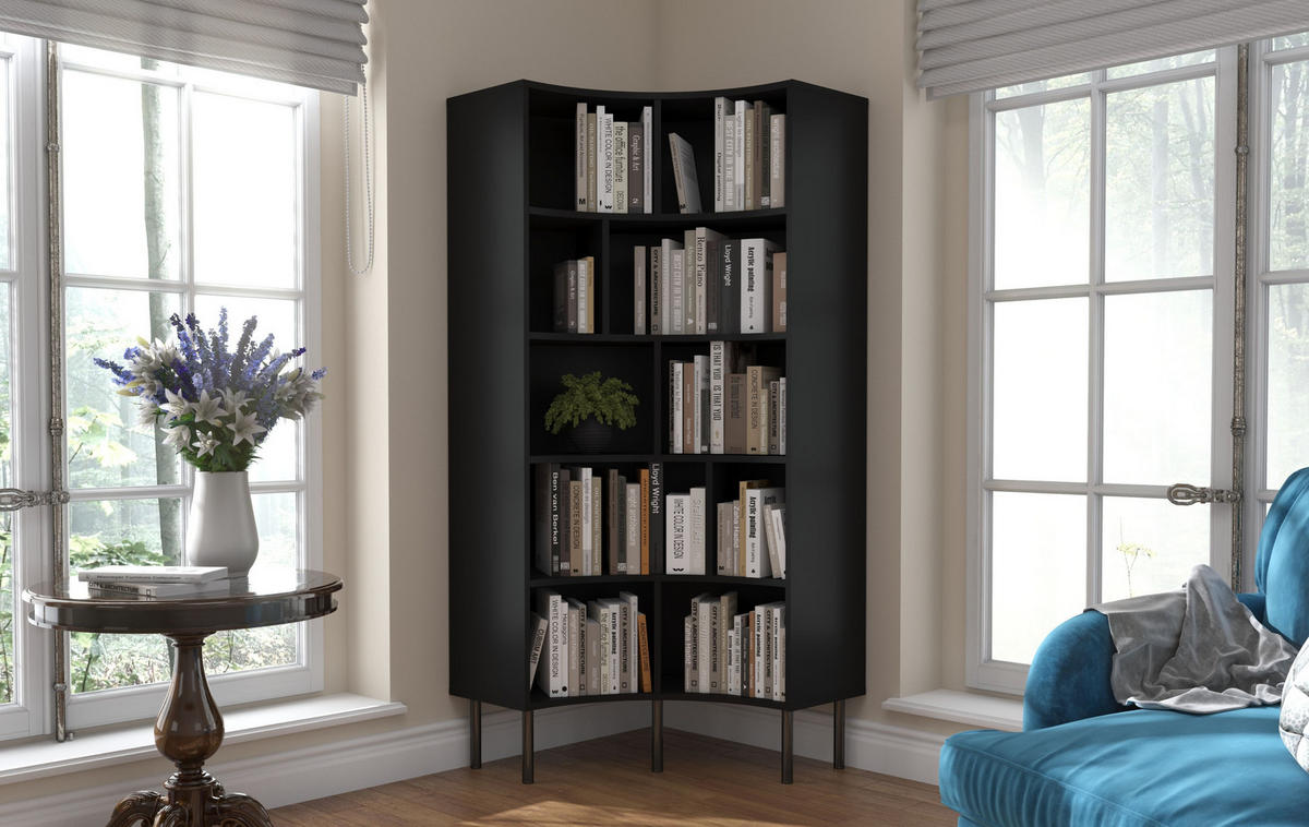BÜCHERREGAL Horn, Schwarz, Bogenform, 10 Fächern, 80 cm - Schwarz, Holzwerkstoff/Metall (80/181/32cm) - Skandica