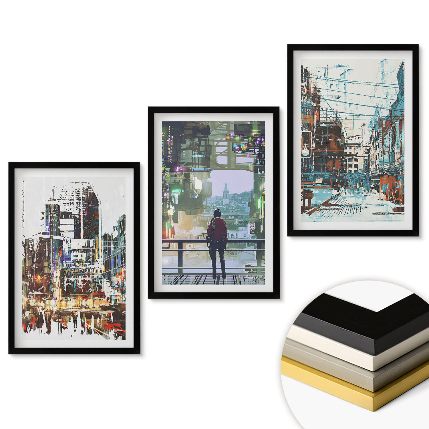 WANDBILDER 3er-Set - 40x60 cm Schwarzer Rahmen - Moderne Städte, bunte Charaktere - Schwarz, Kunststoff (40/60cm) - ArtPrintCave