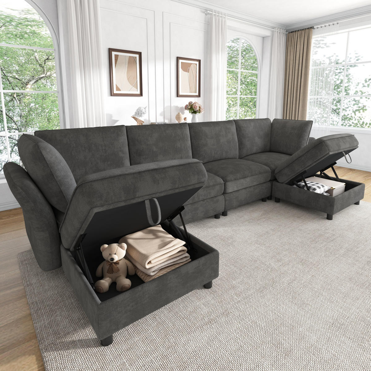 ECKSOFA mit 2 Stauraum-Hockern und Taschenfedern aus Chenille - Grau, Textil (289/137cm) - EVRYAE