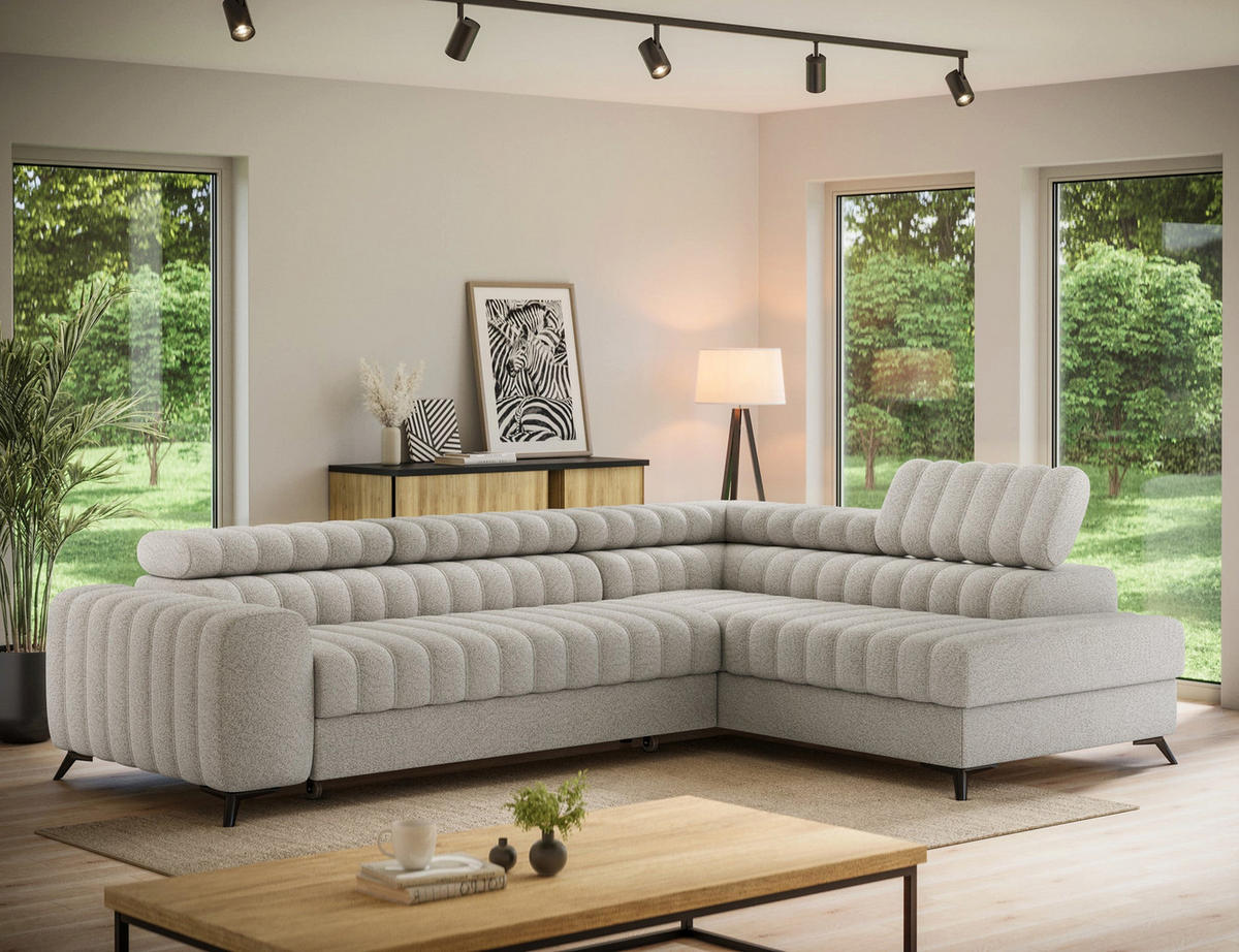KANEDO Ecksofa mit Schlaffunktion und Bettkasten – Modernes Designsofa, verstellbare Kopfstützen, Metallfüße - Beige, Kunststoff (269/86cm) - Wohnideebilder