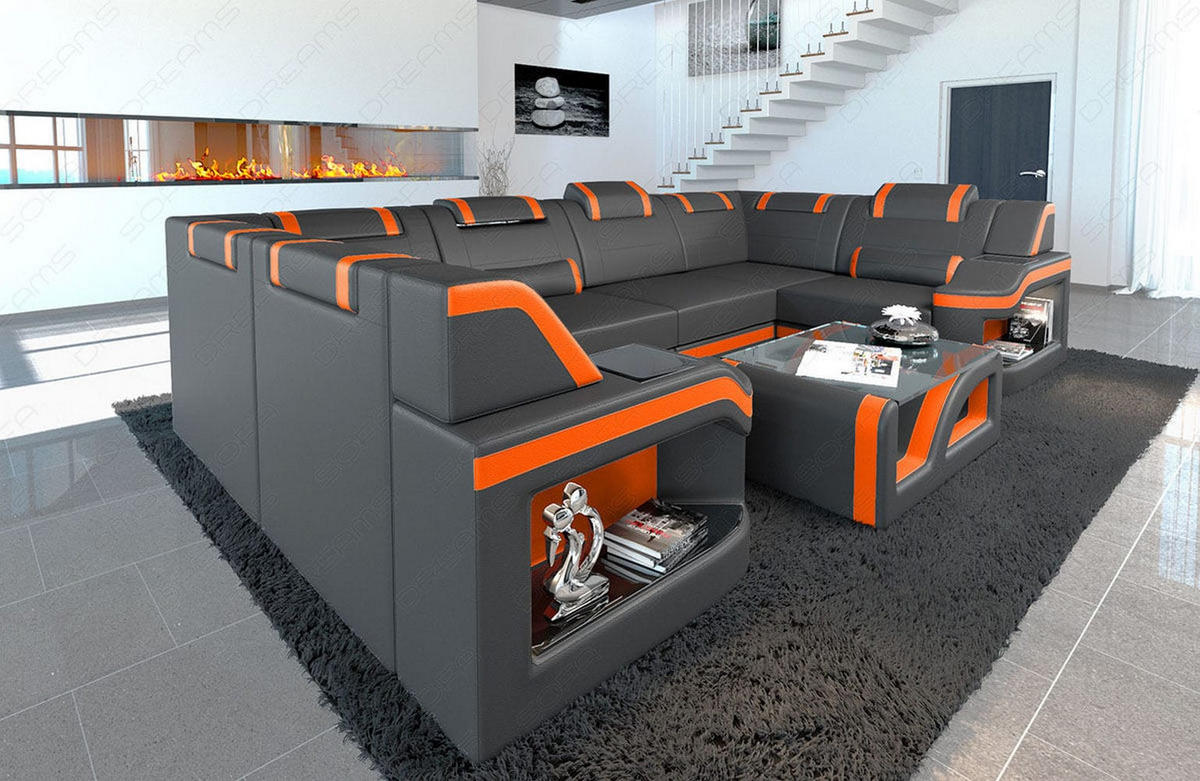 WOHNLANDSCHAFT Sofa Padua U Grau Orange Kunstleder - Grau, Textil (308/80/185cm)