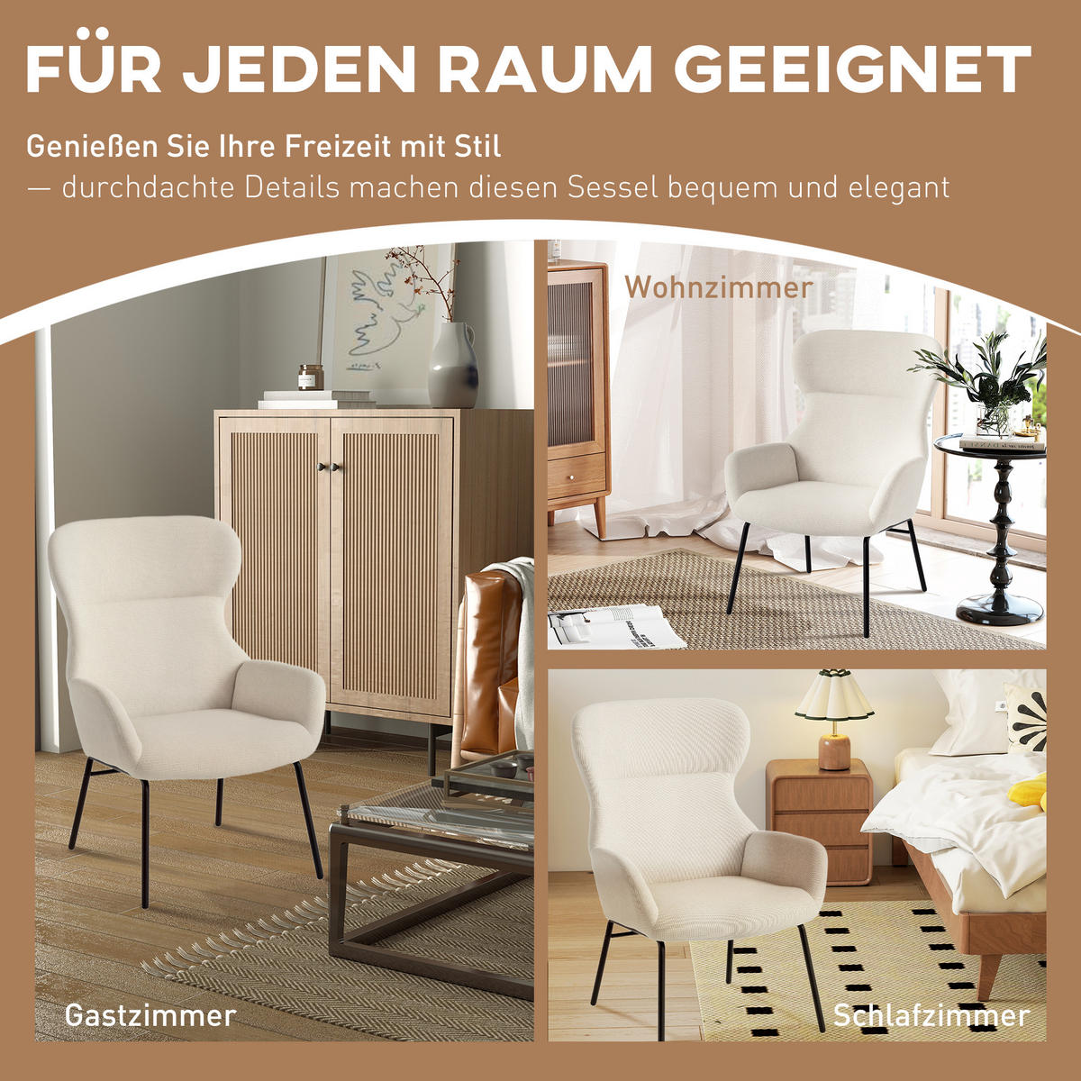 OHRENSESSEL Wohnzimmer Sessel Loungesessel Relaxsessel mit hoher Rückenlehne - Creme/Schwarz, Textil/Metall (70/103.5/74.5cm) - HOMCOM