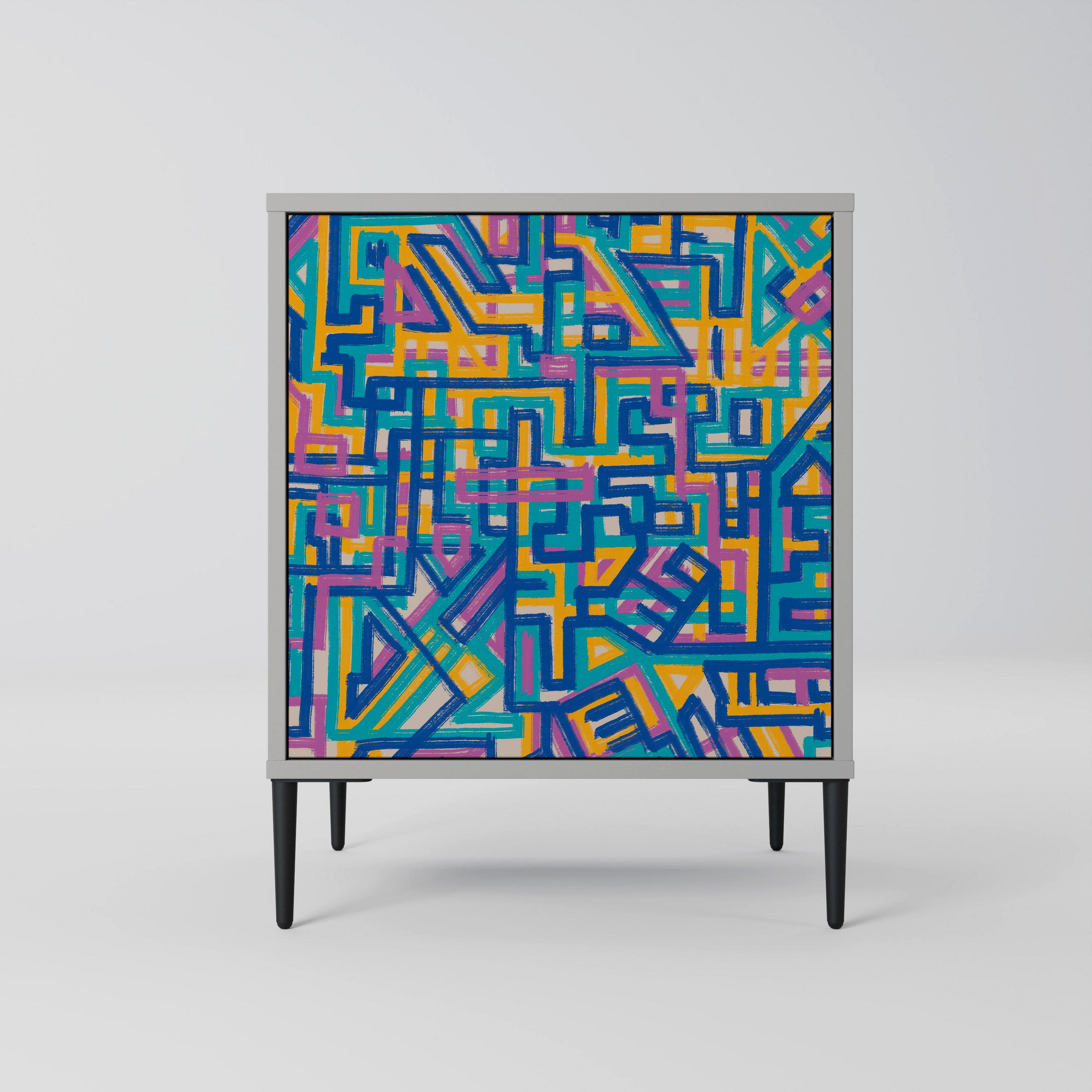 SIDEBOARD MEMORIES MAP, Grau, 57,5x42x72,5 cm, Schwarze Metallfüße - Multicolor/Schwarz, Holzwerkstoff/Metall (57.5/72.5/42cm) - SpaceRebels