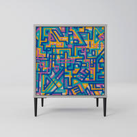 SIDEBOARD MEMORIES MAP, Grau, 57,5x42x72,5 cm, Schwarze Metallfüße - Multicolor/Schwarz, Holzwerkstoff/Metall (57.5/72.5/42cm) - SpaceRebels