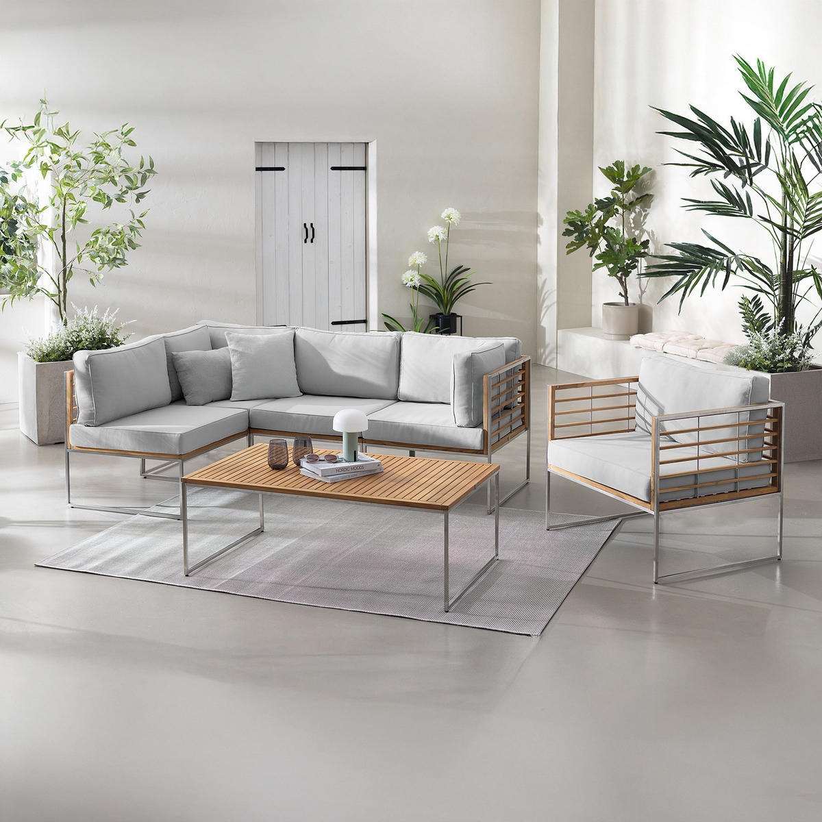 GARTENSESSEL - Webstoff / Teak massiv - Hellgrau, Holz/Textil (83/74/70cm) - home24