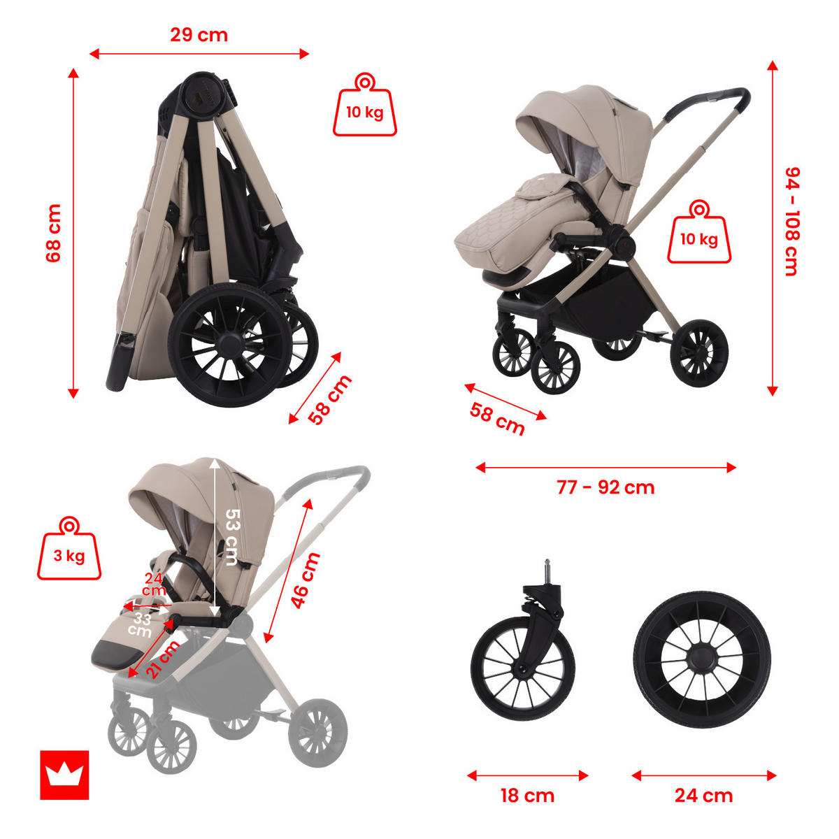 BUGGY Scale, Klein und Leicht, Teleskopische Führung, Kompakt Faltbar, Wickeltasche, Reisetasche - Beige/Schwarz, Textil/Metall (58/100cm) - BabyLux