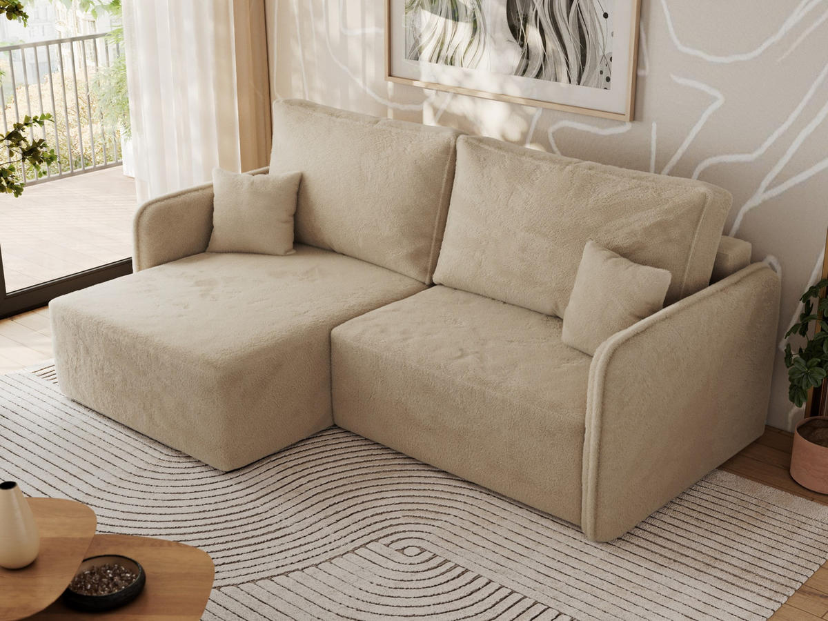 ECKSCHLAFSOFA MESTO L Beige Plüsch - links - Beige/Schwarz, Kunststoff/Textil (227/147cm) - MKS