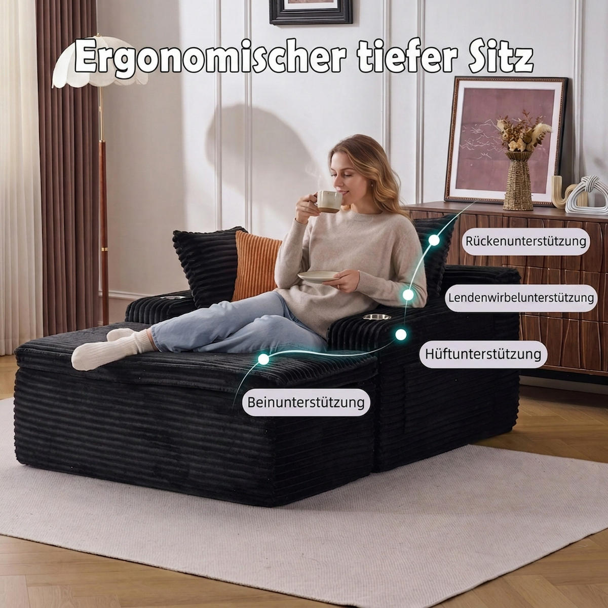 SCHLAFSOFA 165/112/63 cm Schwarz mit Chaiselongue, 3 Kissen und 1 Decke - Schwarz, Textil (112/63/165cm) - Oxeza