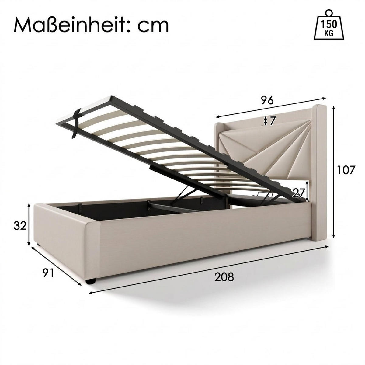 POLSTERBETT 90/200 cm Beige mit USB Typ C Ladefunktion und Stauraumbetten (Ohne Matratze) - Beige, Textil (90/200cm) - Oxeza
