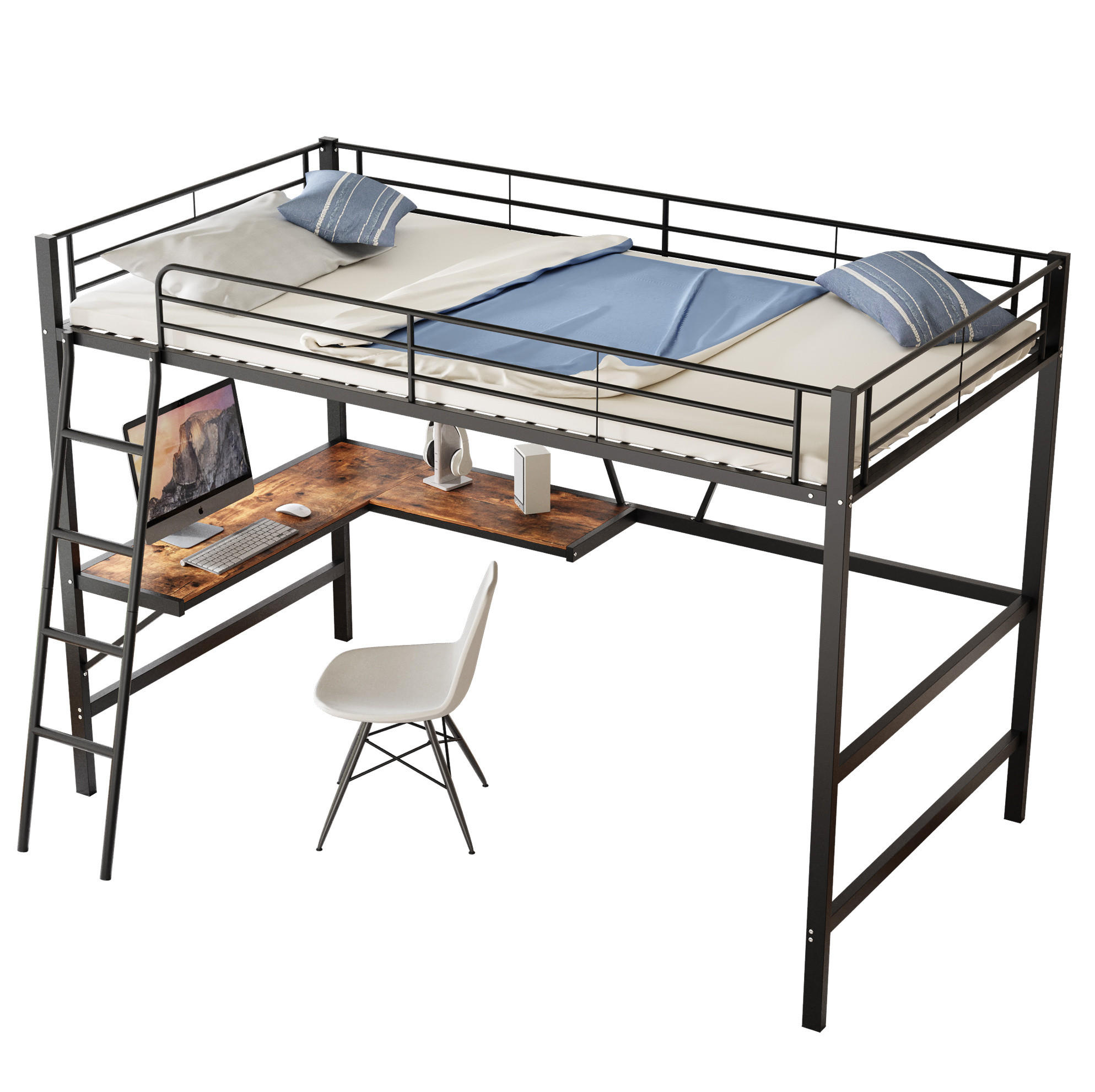 HOCHBETT 90/200 cm Schwarz mit Schreibtisch und Regal - Schwarz, Metall (90/200cm) - MIVRAY