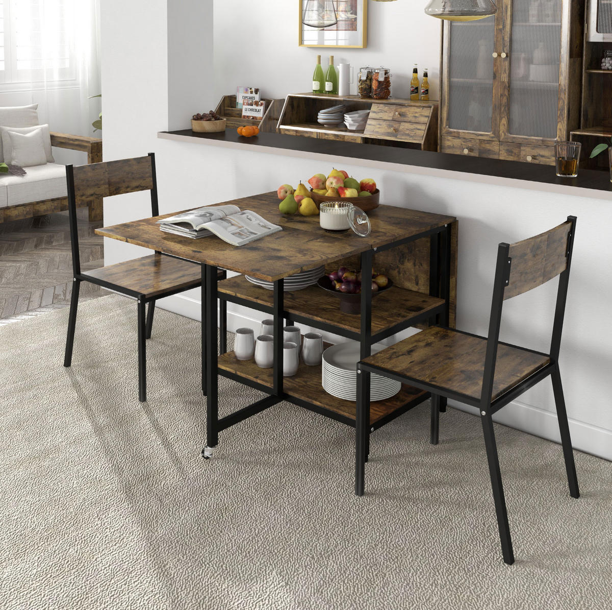 KLAPPTISCH 140/80/75 cm mit 2 klappbaren Platten, Rollen und 2 Ablagen, Braun - Braun, Metall (140/80/75cm) - Redom