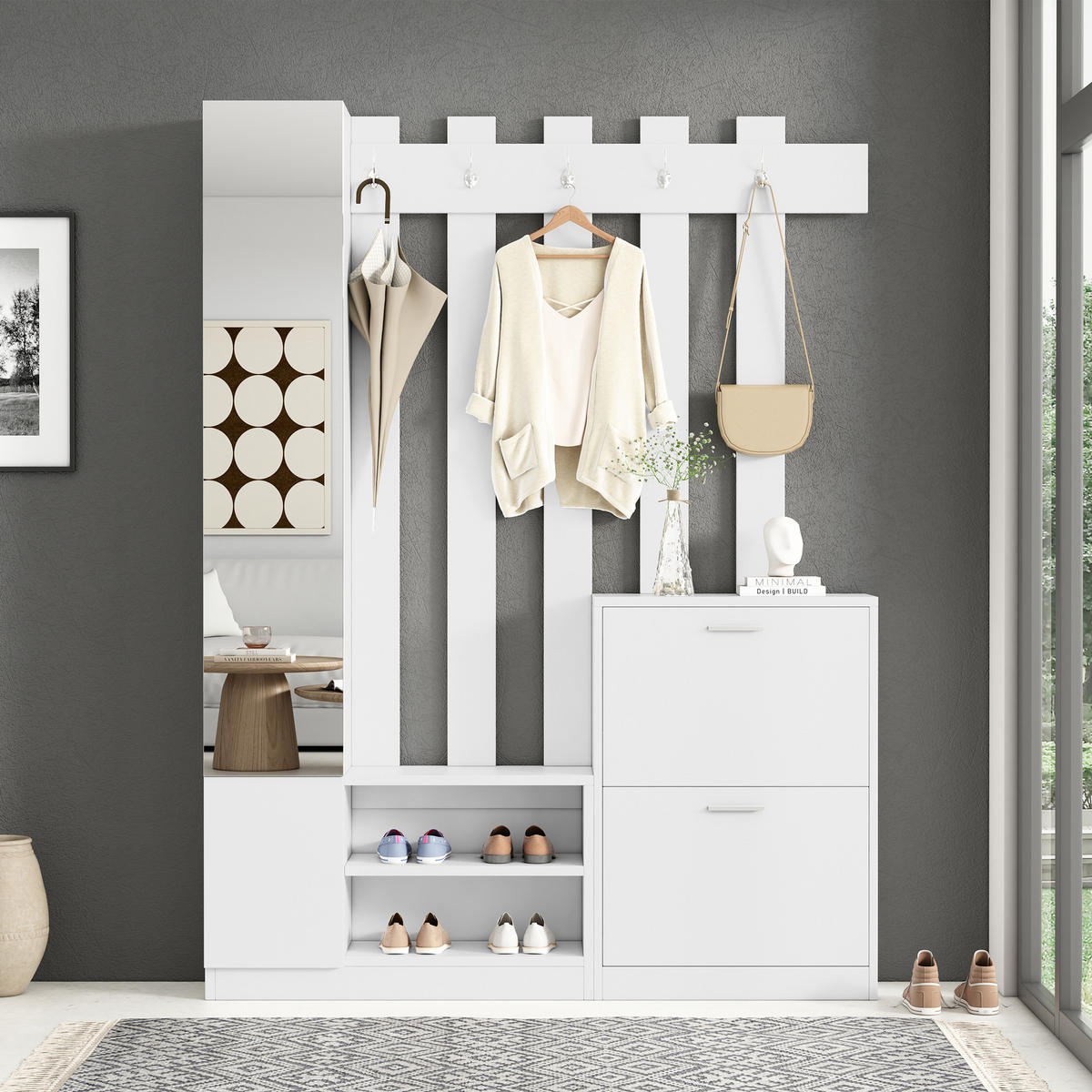 KOMPAKTGARDEROBE Spiegel Schuhschrank Hängeschrank Weiß - Weiß, Holzwerkstoff (135/180/25cm) - FLIEKS