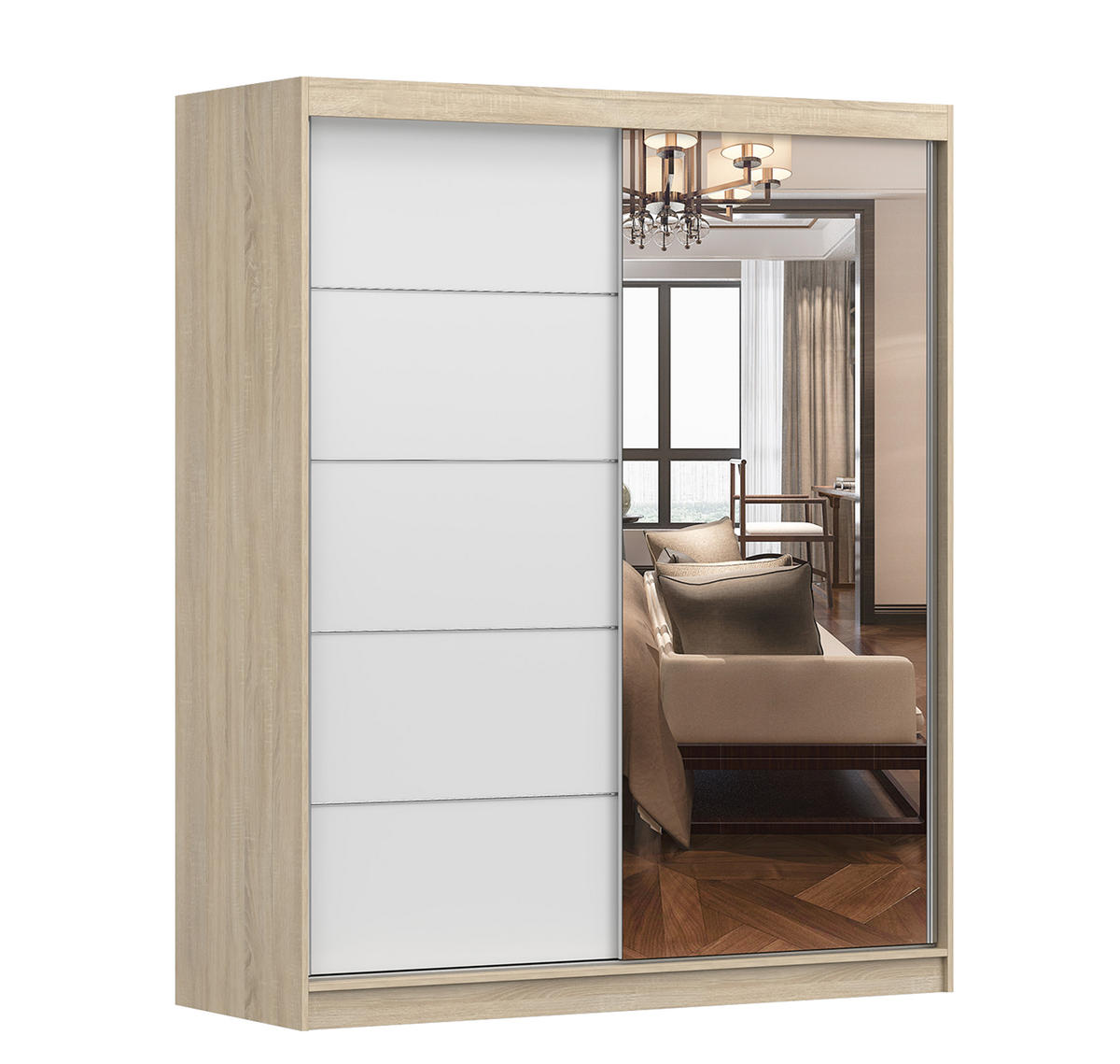SCHIEBETÜRENSCHRANK - EVA BIS 05 Sonoma + Weiß - Weiß/Sonoma Eiche, Holzwerkstoff (160/195/61cm) - Möblo