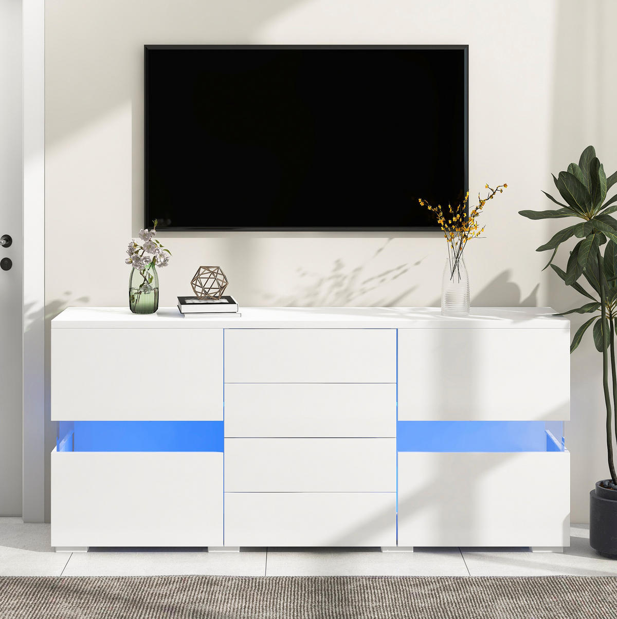SIDEBOARD 140/35/72 cm aus MDF mit LED-Beleuchtung und 4 Schubladen Weiß - Weiß, Holzwerkstoff (145/72/35cm) - Modenvie