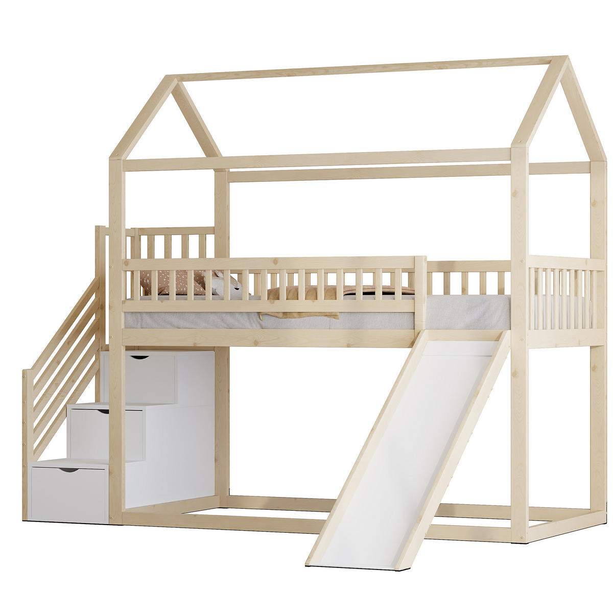 KINDERHOCHBETT aus Holz 90x200 cm Naturholz mit Rutsche und Aufbewahrungsleiter - Weiß, Holz (90/200cm) - IVMEU