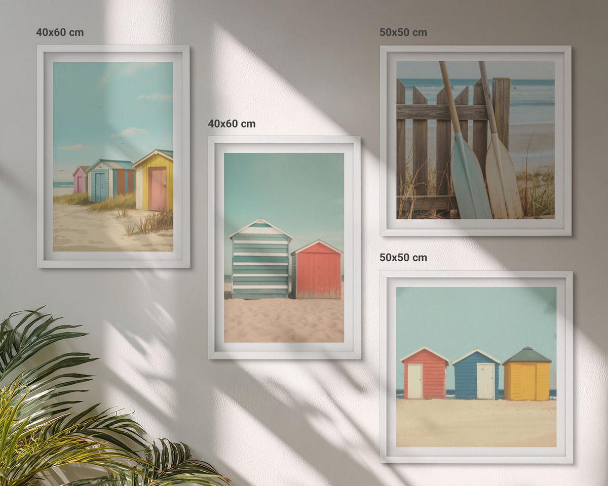 BILDER SET 4er Set - 50x50 cm & 40x60 cm Weißer Rahmen - Bunte Strandhäuser - Weiß, Kunststoff (50/50cm) - TULUP