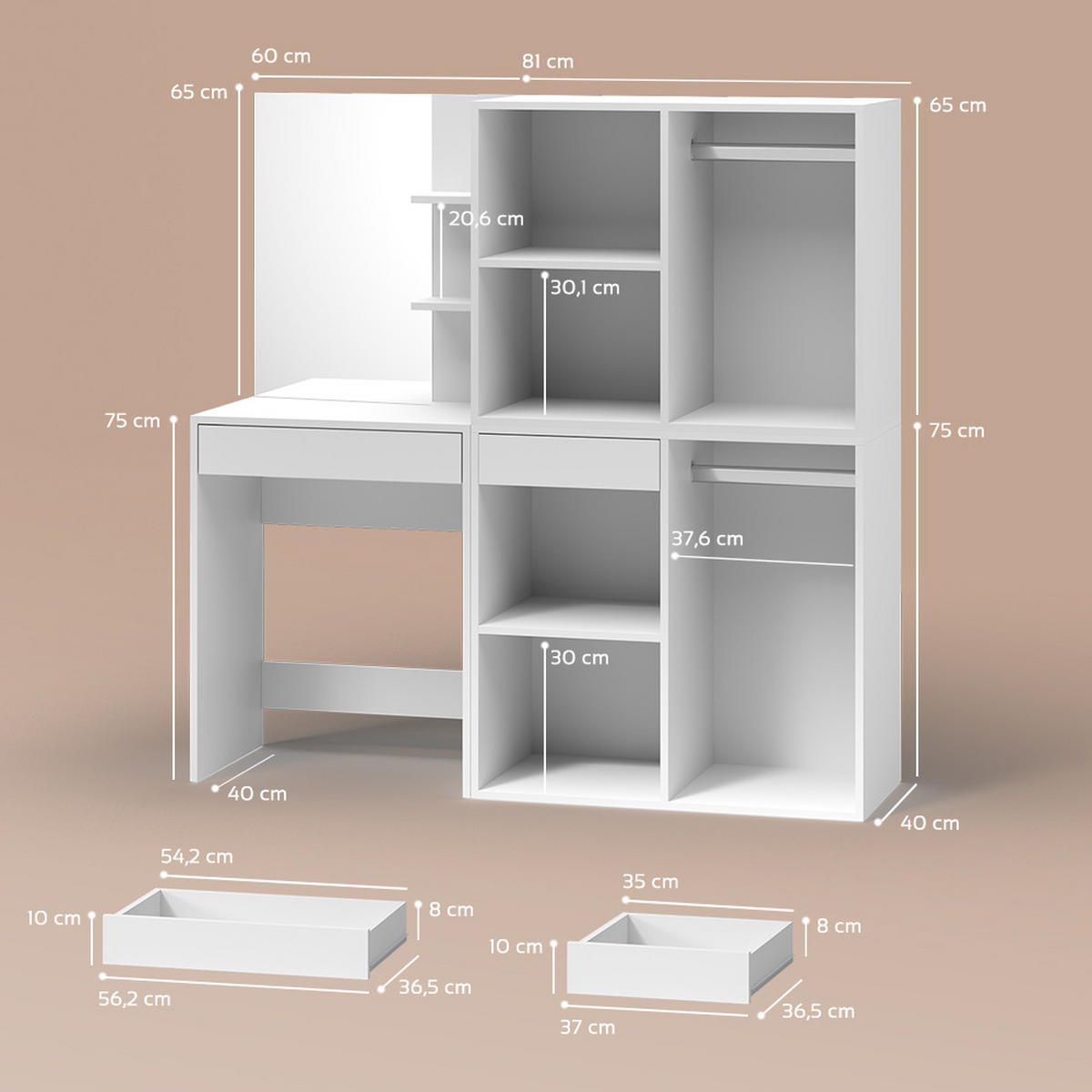 SCHMINKTISCH Nola Weiß 140 cm mit Schränken - Weiß, Holzwerkstoff (140/140/40cm) - Livinity®