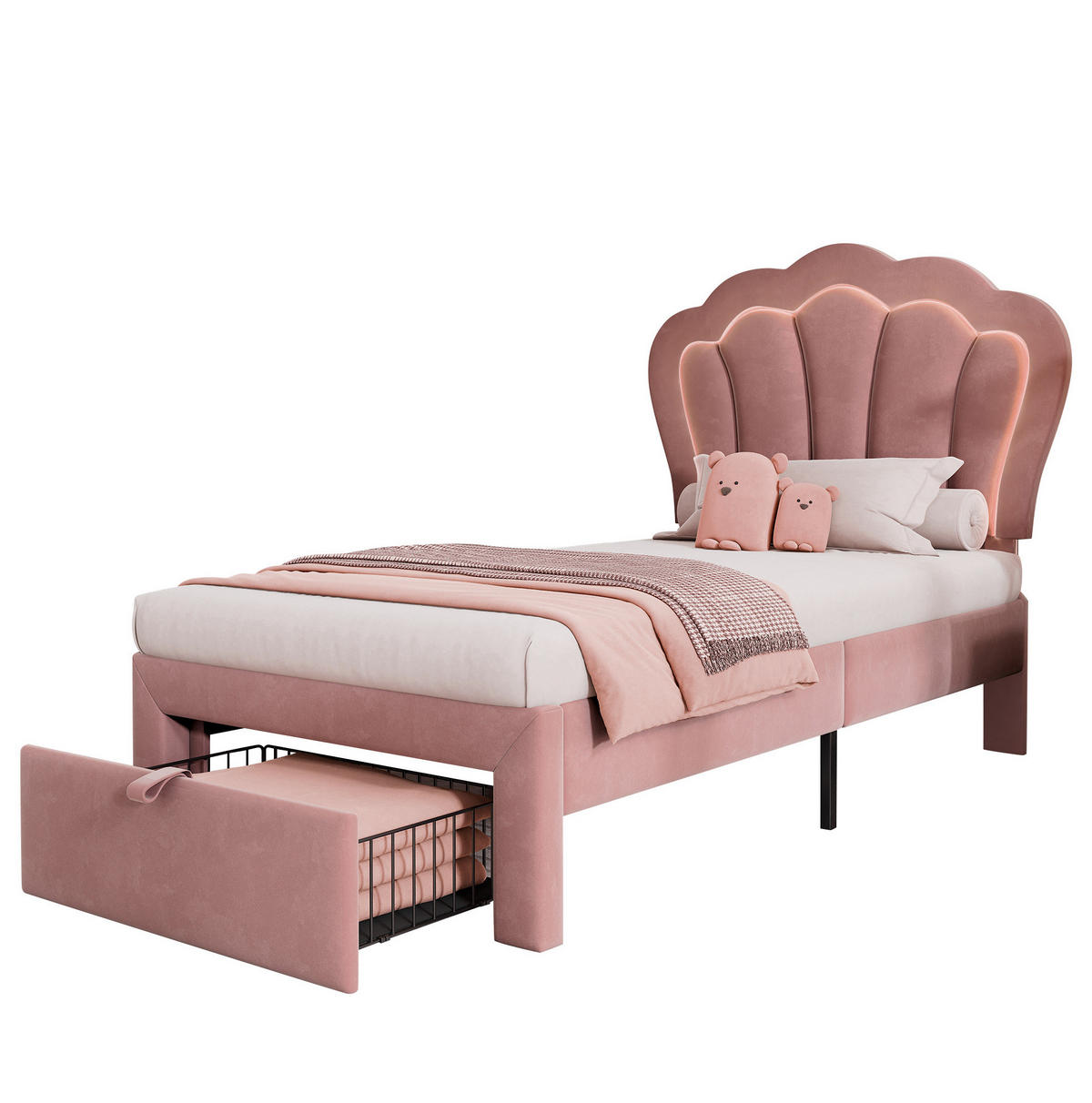 JUGENDBETT 90/200 cm aus Samt mit LED-Beleuchtung, Schublade und verstellbarem Kopfteil Rosa - Rosa, Textil (90/200cm) - Modenvie