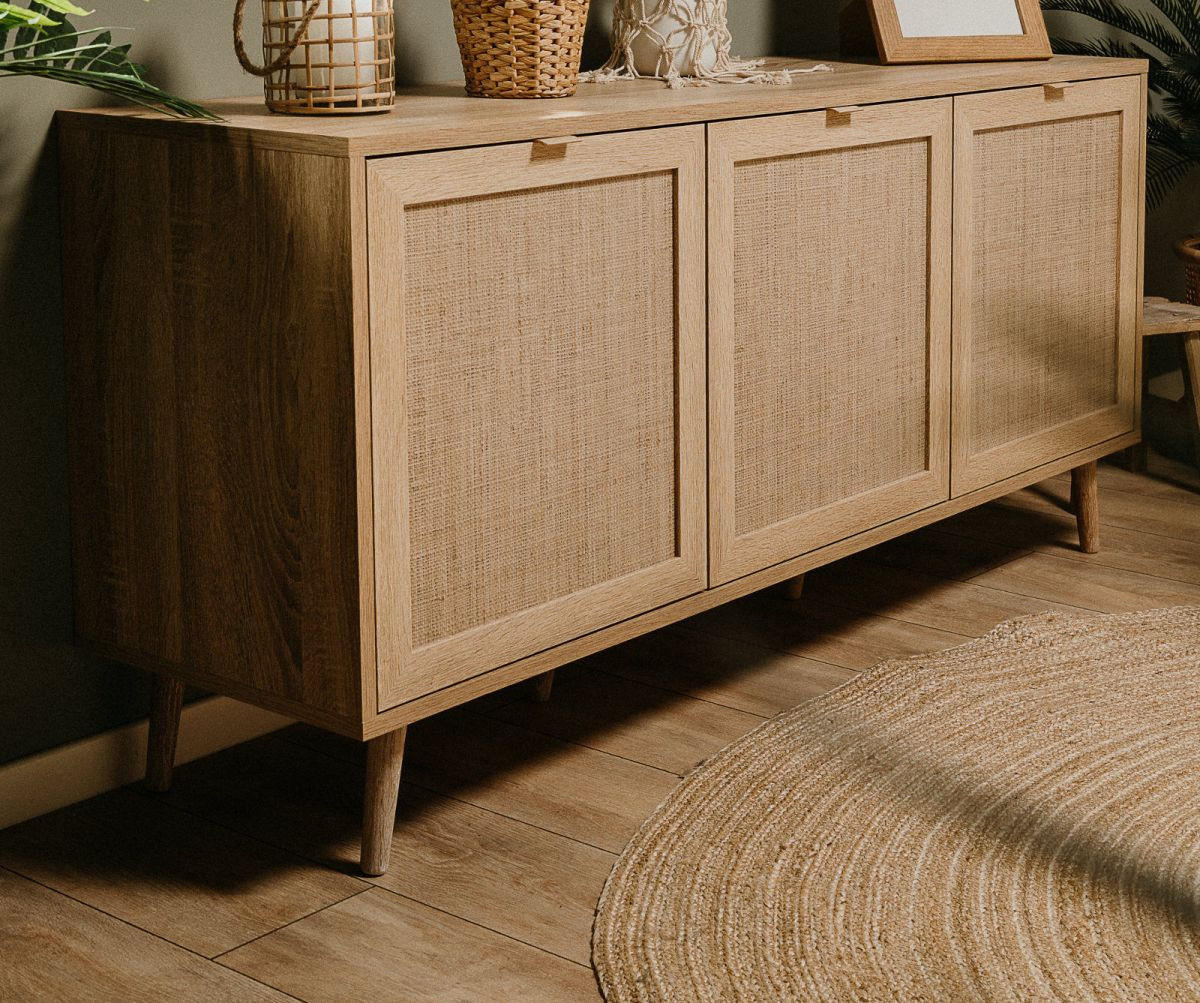 Thumbnail - Furn.Design Sideboard, Eiche, Holzwerkstoff, Nachbildung, Echtholz,Eiche, Uni, Holz Optik, 3 Fächer, rund, 150x71x40 cm,...