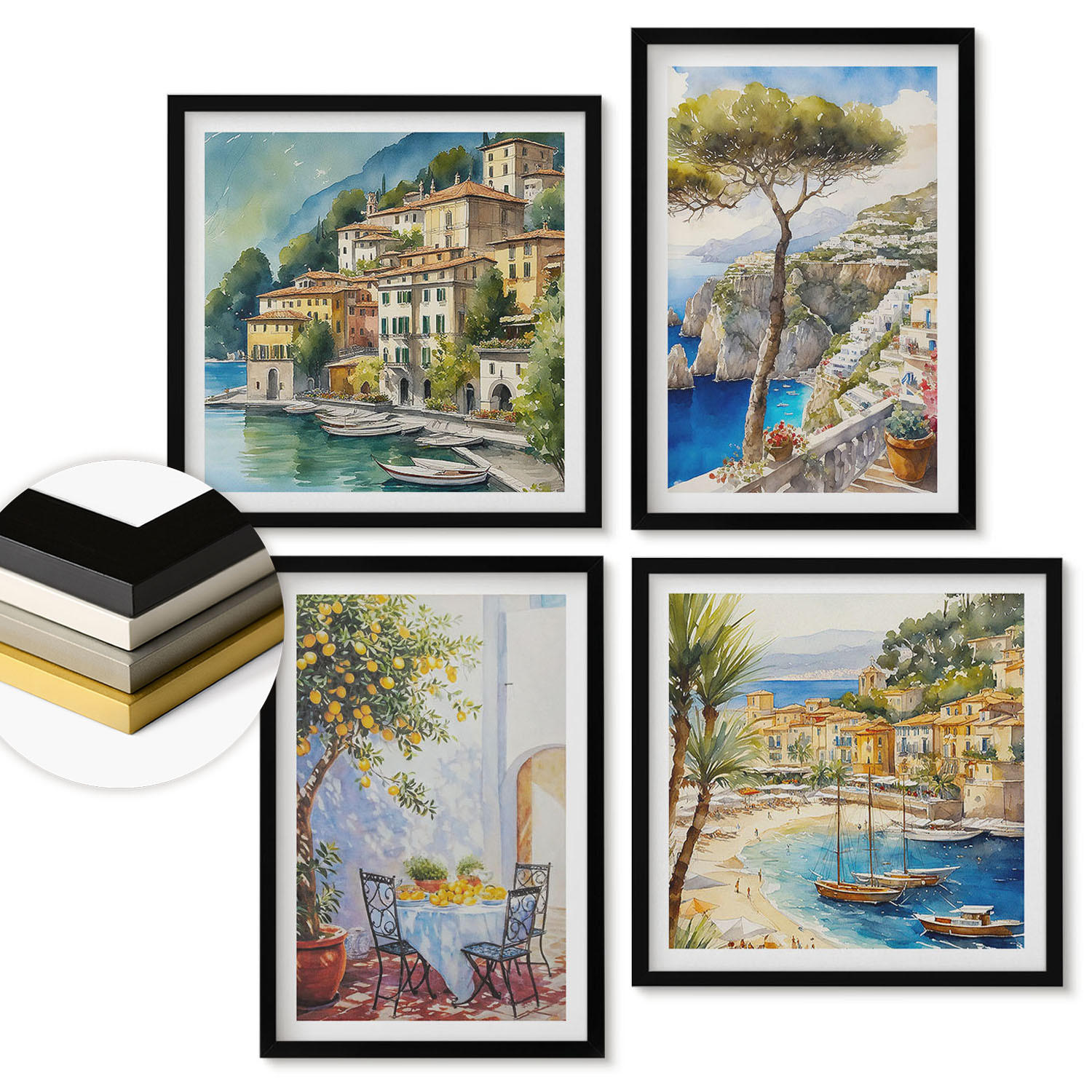 WANDBILDER 4er-Set - 50x50 cm & 40x60 cm Schwarzer Rahmen - Italienische Städte (Aquarell) - Schwarz, Kunststoff (50/50cm) - ArtPrintCave