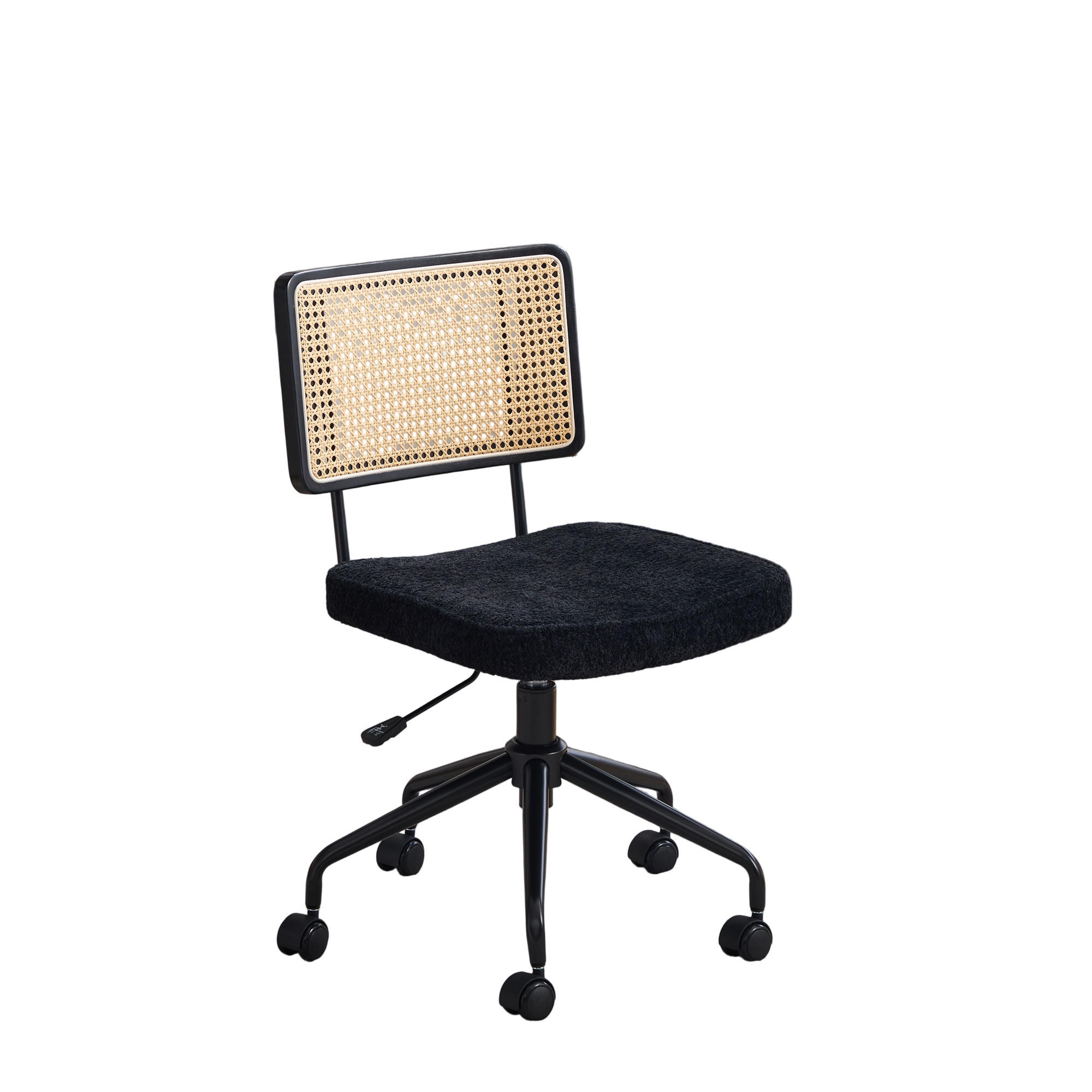 DREHSTUHL DE-36881 mit Rattan-Rückenlehne und Chenille-Sitz Schwarz - Schwarz, Metall (58.5/91.5/55cm) - ComfortXL