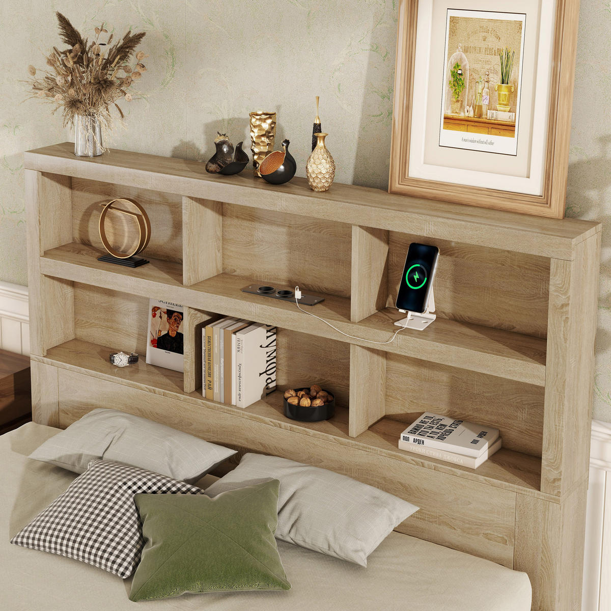 BETT 160/200 cm Natur aus Spanplatte mit Stauraum und USB-Ladefunktion - Naturfarben, Holzwerkstoff (160/200cm) - OKMYHOME